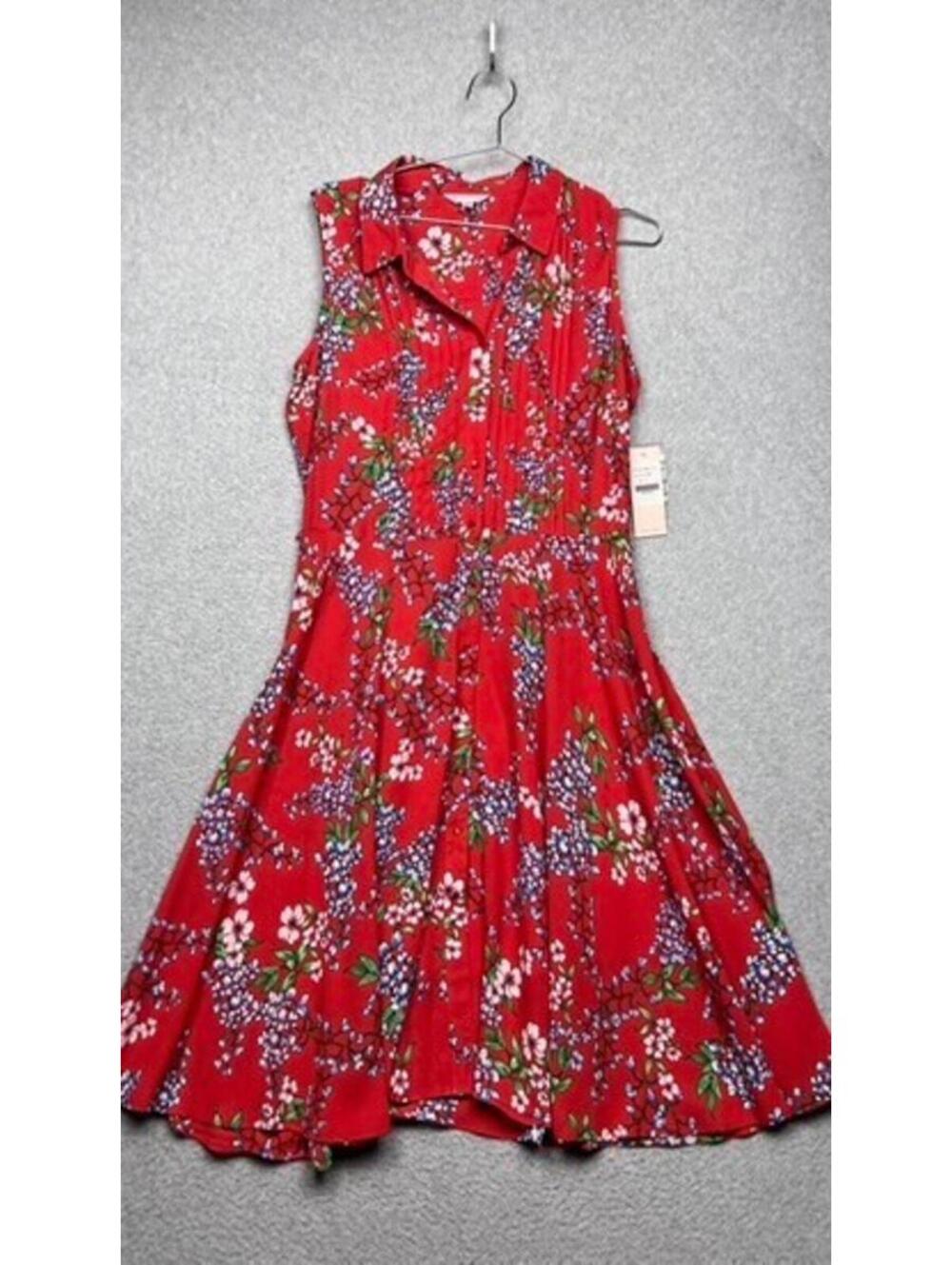 Nanette Lepore Red Floral Shirt Dress 10 Sleeveless Button Front Fit Flare NWT